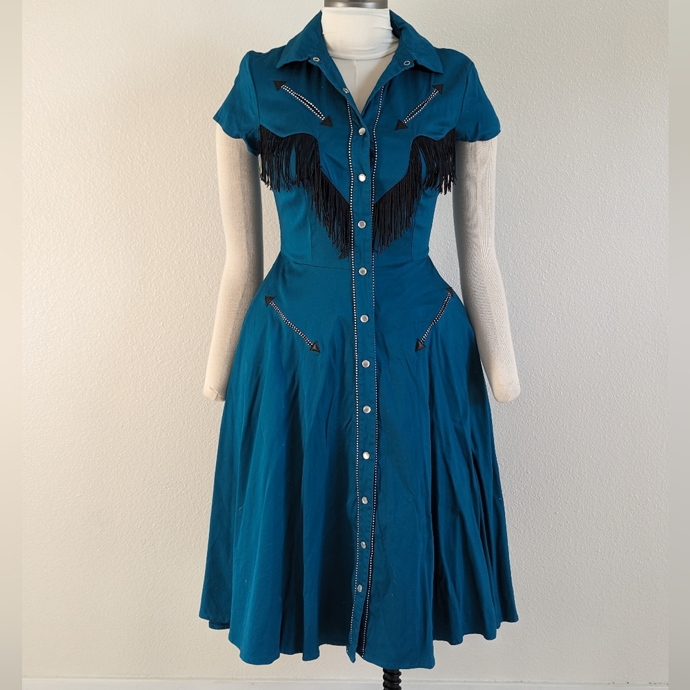 Teal Button-Down Dress with Fringe Detailing